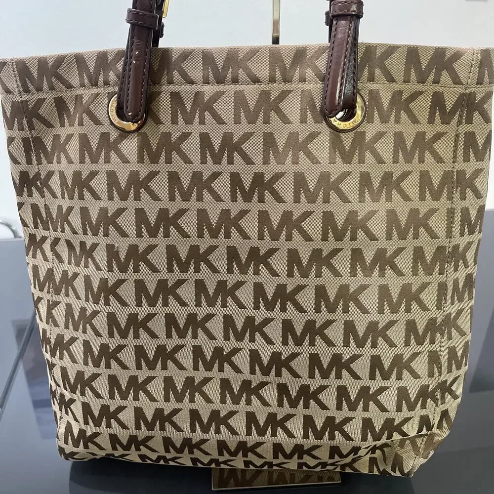 Michael Kors Jet Set MK Logo Brown Beige Canvas Tote Bag Purse